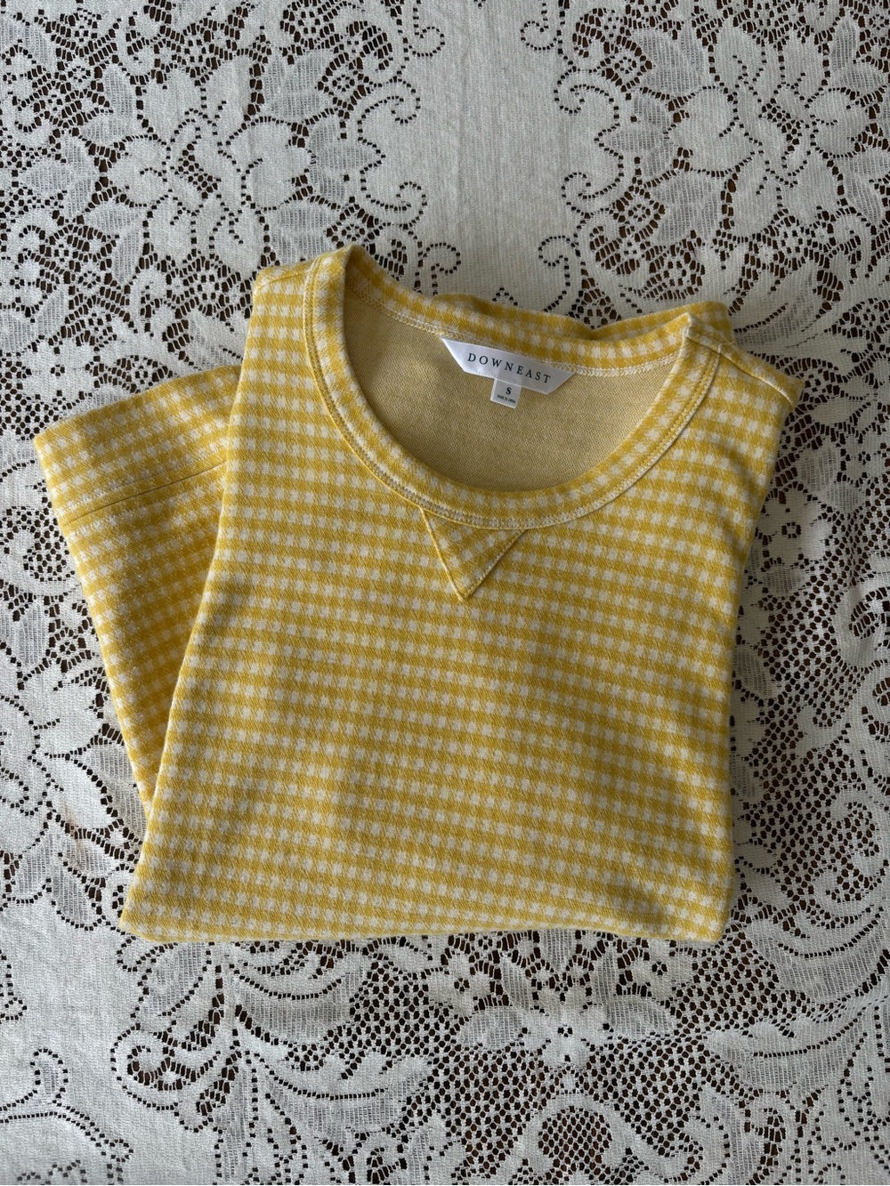 Downeast Yellow Gingham Puff Sleeve Sweatshirt Top | Cottagecore | Size Small